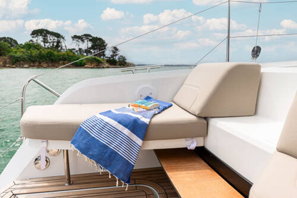 Deck of FP 41, a Fountaine Pajot New 41 catamaran at es Jonquet, Spain