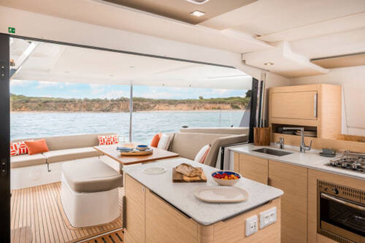 Galley of FP 41, a Fountaine Pajot New 41 catamaran at es Jonquet, Spain