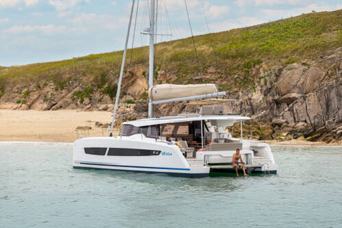 Exterior view of FP 41, a Fountaine Pajot New 41 catamaran at es Jonquet, Spain