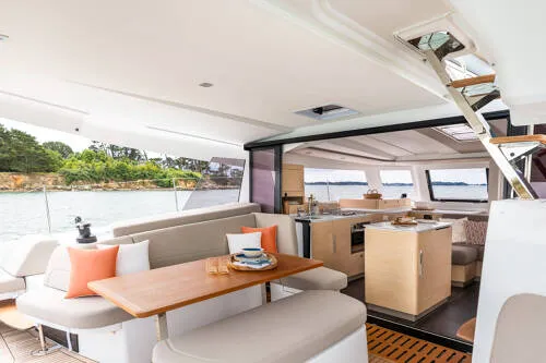 Salon of FP 41, a Fountaine Pajot New 41 catamaran at es Jonquet, Spain
