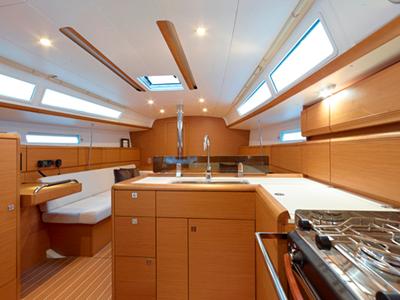 Galley of Oyster Shell, a Jeanneau Sun Odyssey 379 sailboat at Athens, Greece