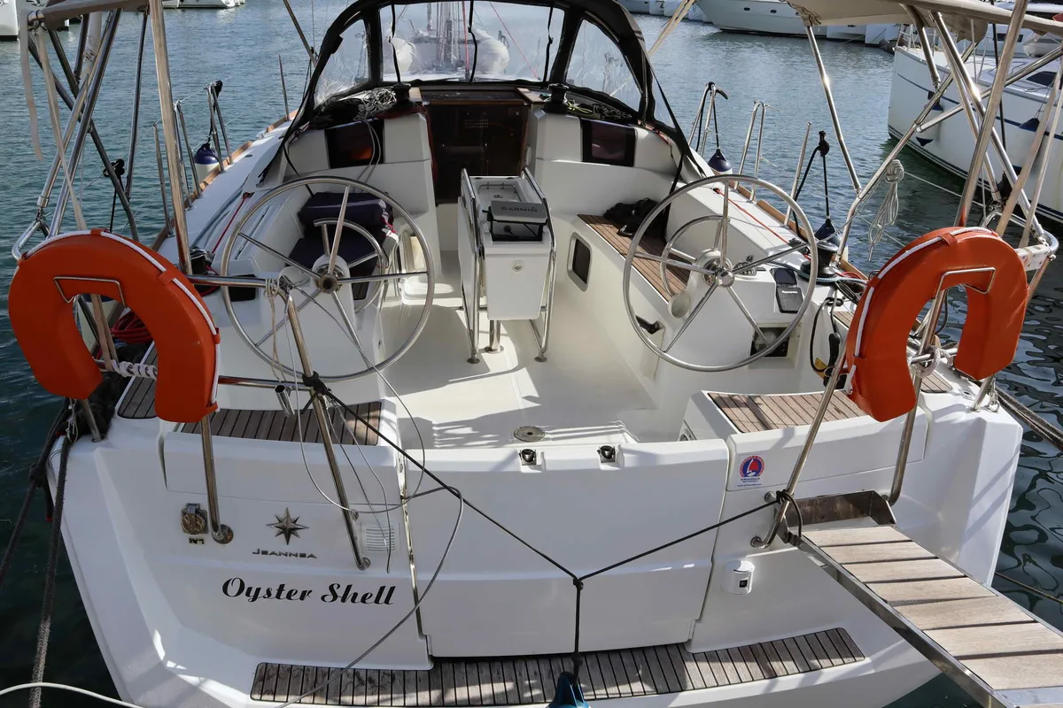 Cockpit of Oyster Shell, a Jeanneau Sun Odyssey 379 sailboat at Athens, Greece