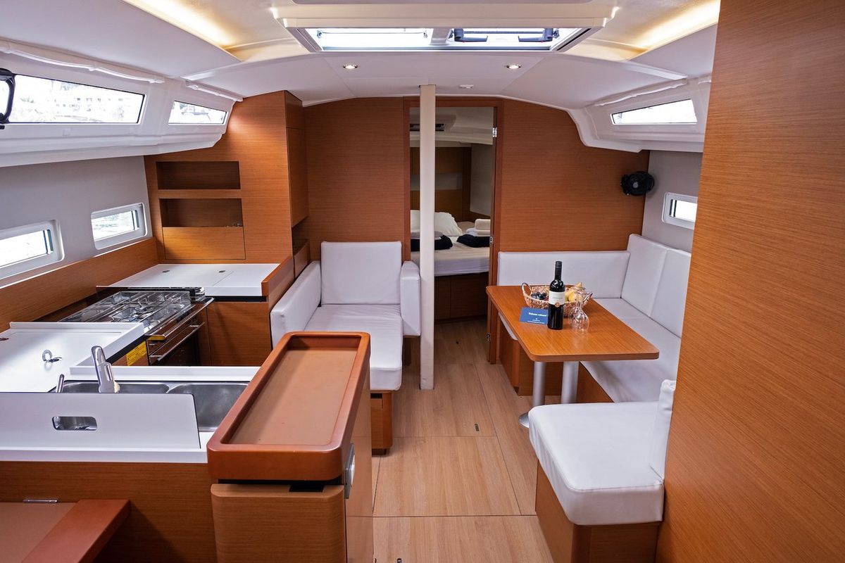 Salon of Sky Kiss, a Jeanneau Sun Odyssey 410 sailboat at Split, Croatia