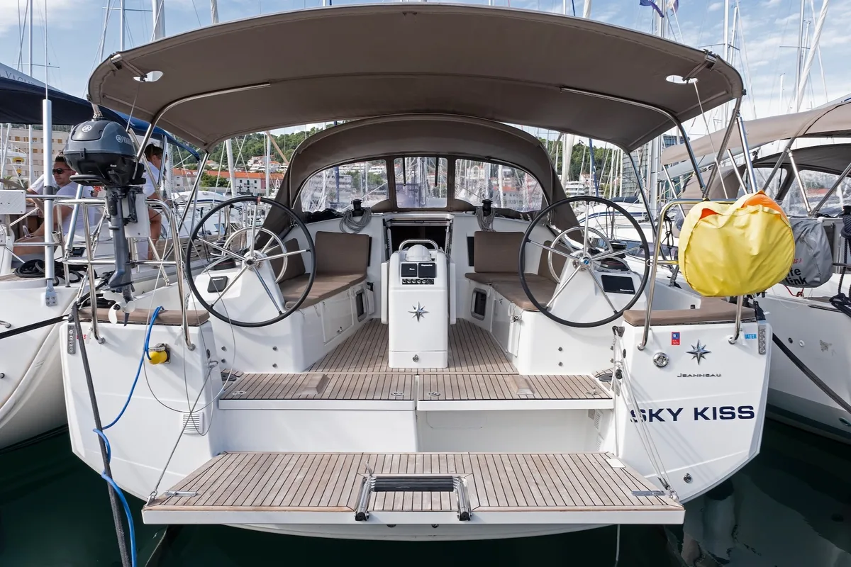 Exterior view of Sky Kiss, a Jeanneau Sun Odyssey 410 sailboat at Split, Croatia