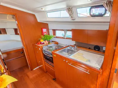 Salon of Sailor Jupiter, a Beneteau Oceanis 38.1 sailboat at Općina Medulin, Croatia