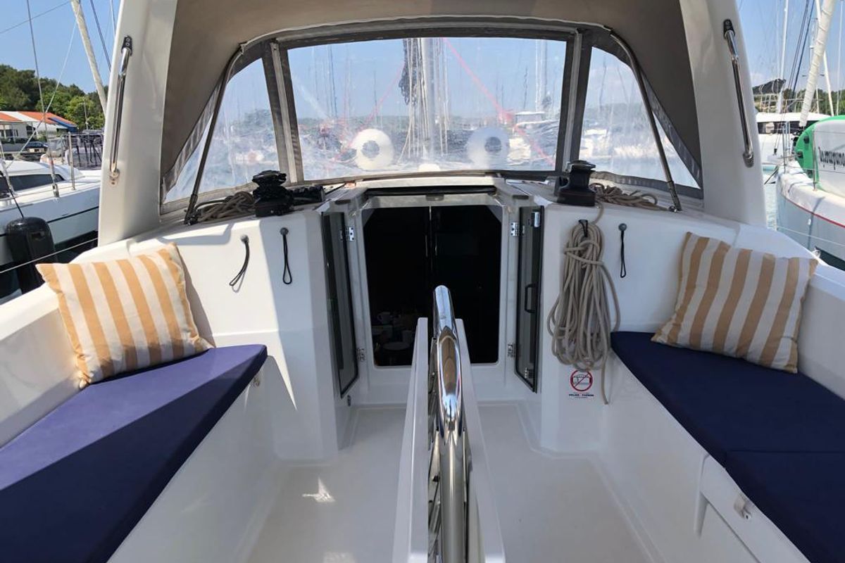 Deck of Sailor Jupiter, a Beneteau Oceanis 38.1 sailboat at Općina Medulin, Croatia