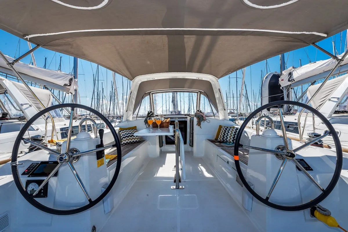 Cockpit of Sailor Jupiter, a Beneteau Oceanis 38.1 sailboat at Općina Medulin, Croatia