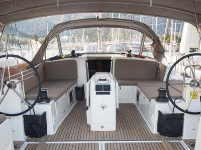 Cockpit of Senorita, a Jeanneau Sun Odyssey 490 sailboat at Fethiye, Turkey
