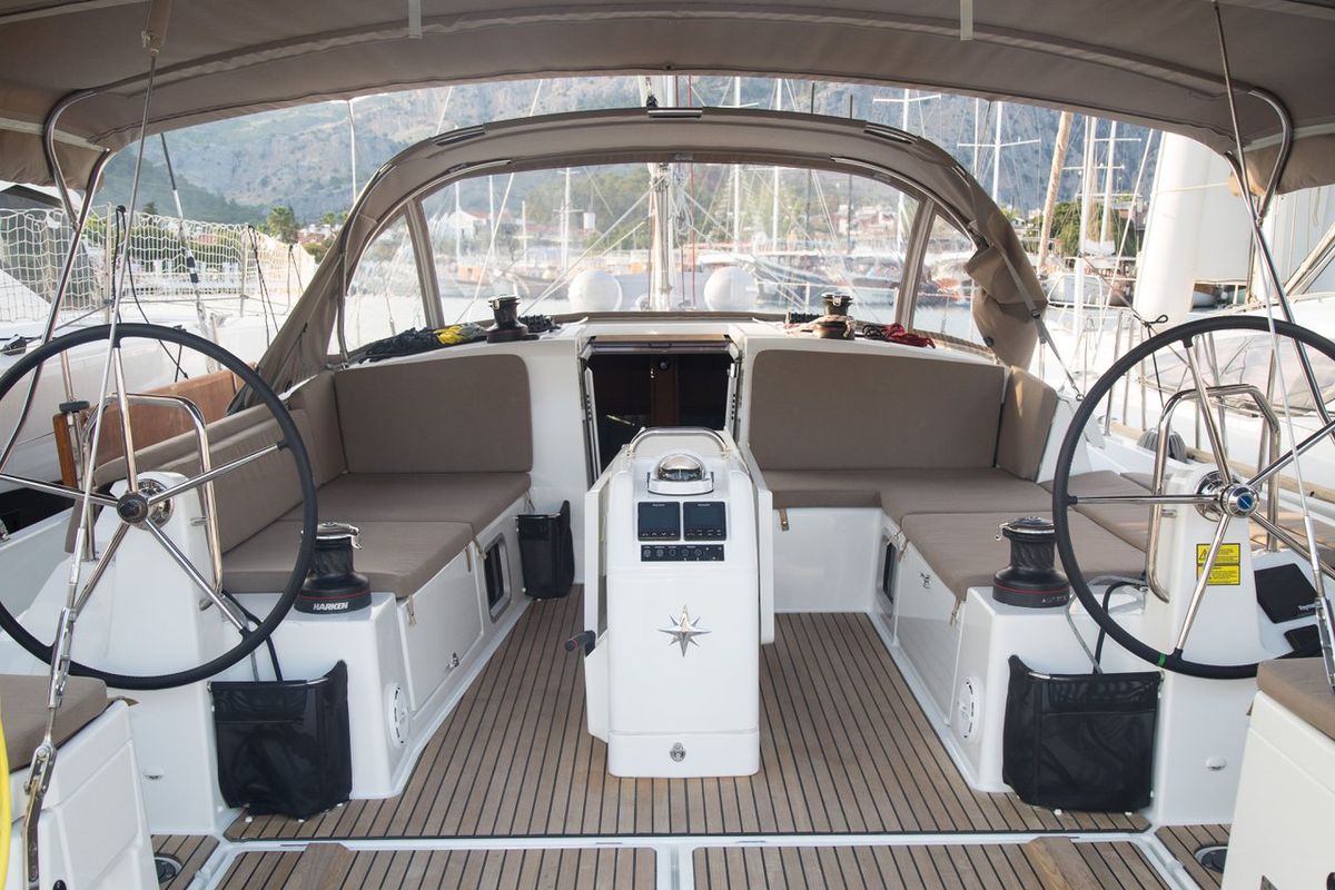 Cockpit of Senorita, a Jeanneau Sun Odyssey 490 sailboat at Fethiye, Turkey