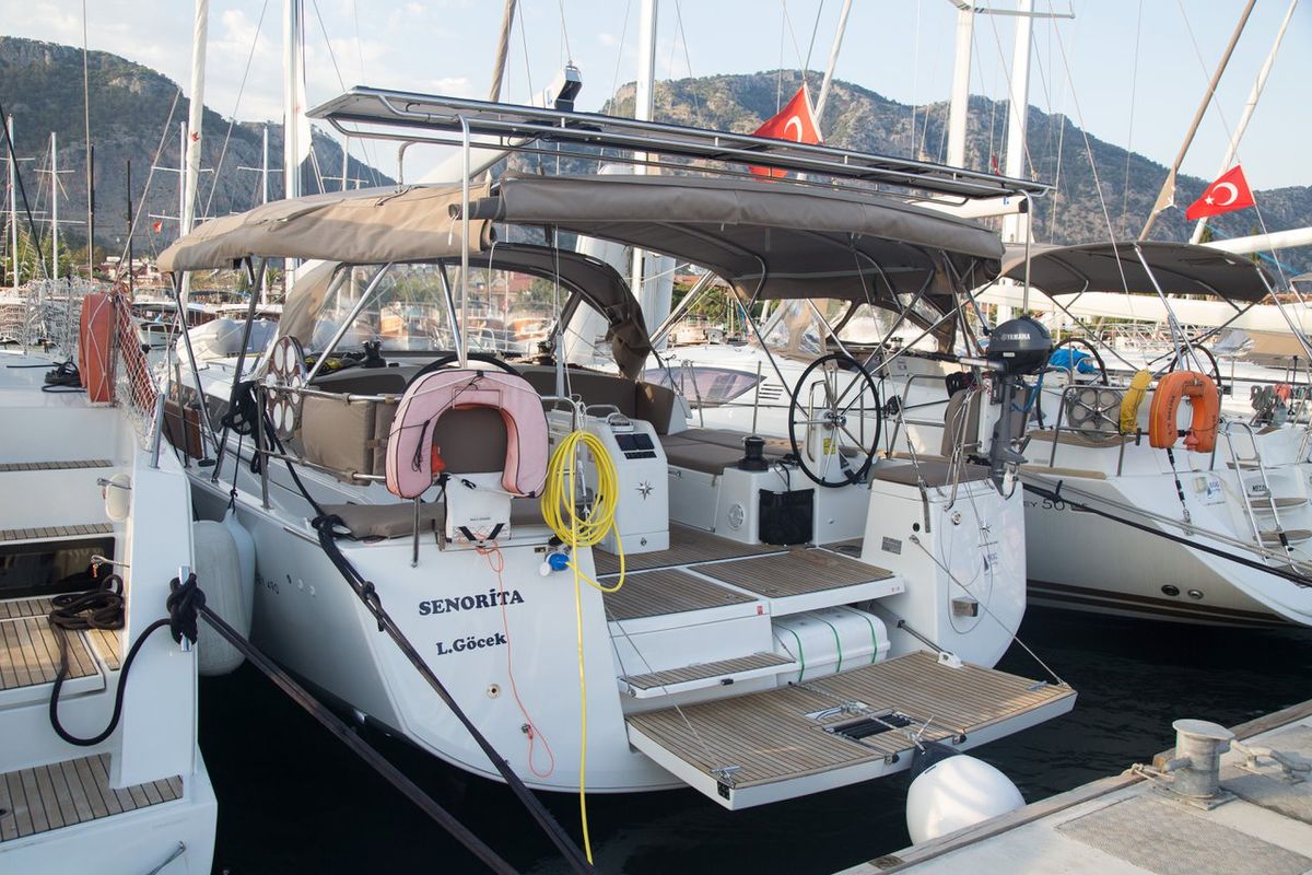 Exterior view of Senorita, a Jeanneau Sun Odyssey 490 sailboat at Fethiye, Turkey