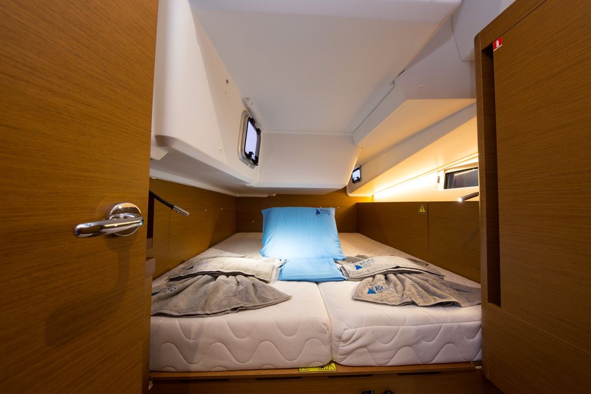 Cabin on Senorita, a Jeanneau Sun Odyssey 490 sailboat at Fethiye, Turkey