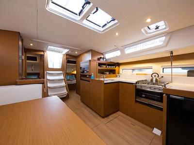Galley of Senorita, a Jeanneau Sun Odyssey 490 sailboat at Fethiye, Turkey