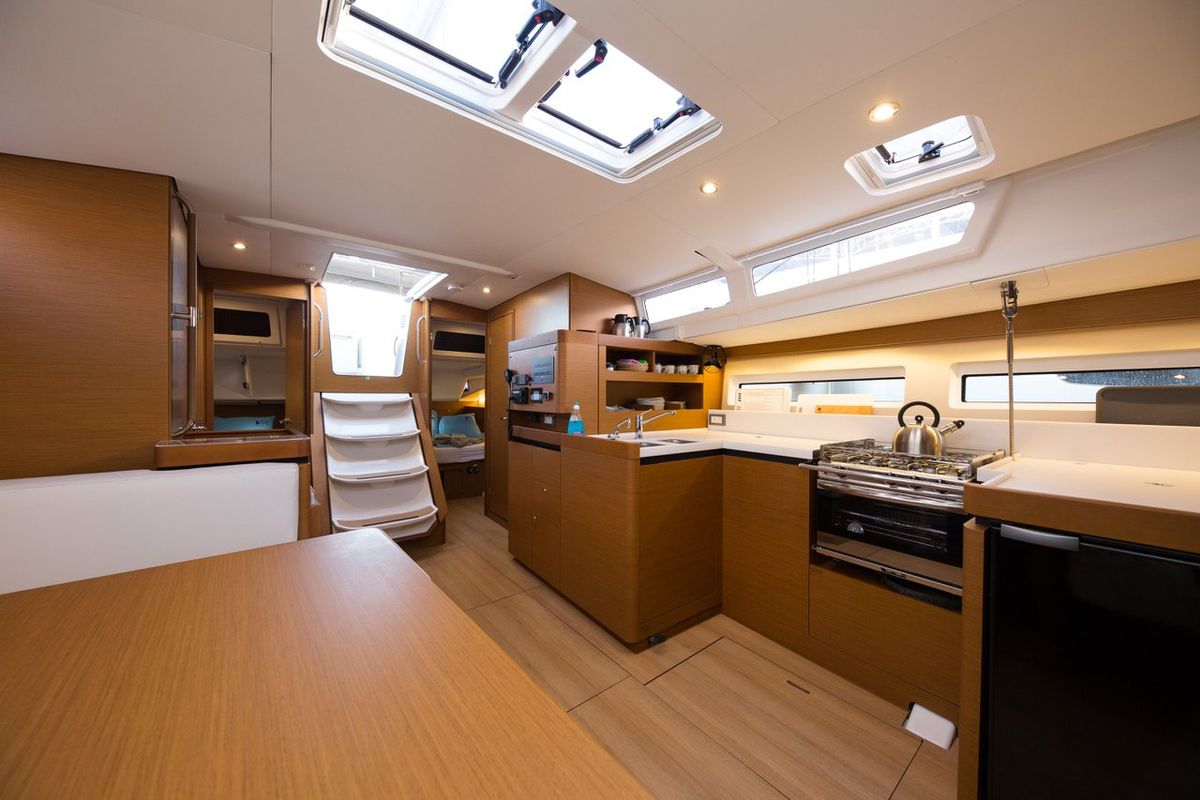 Galley of Senorita, a Jeanneau Sun Odyssey 490 sailboat at Fethiye, Turkey