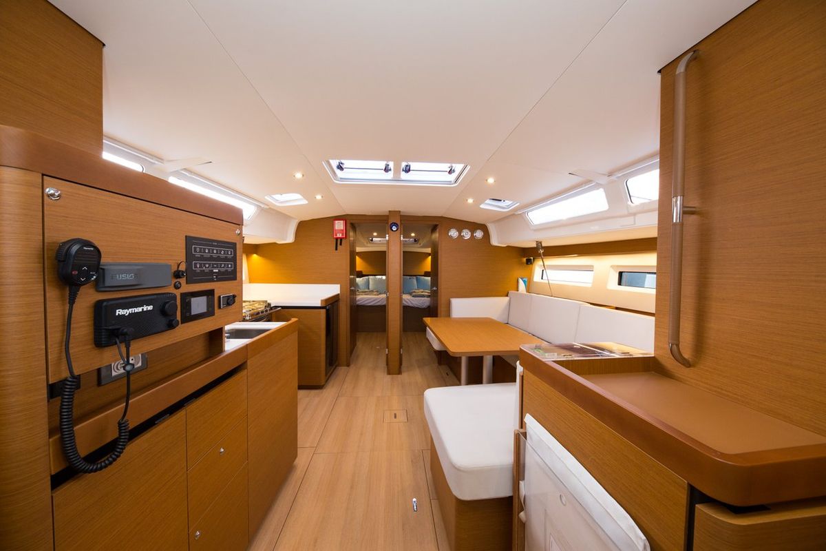 Salon of Senorita, a Jeanneau Sun Odyssey 490 sailboat at Fethiye, Turkey