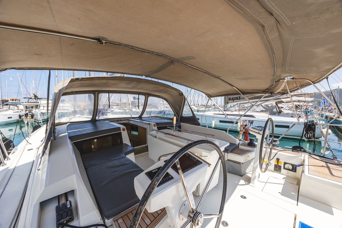 Cockpit of Ellaida Built 2019, a Beneteau Oceanis 46.1 sailboat at Municipal Unit of Lefkada, Greece