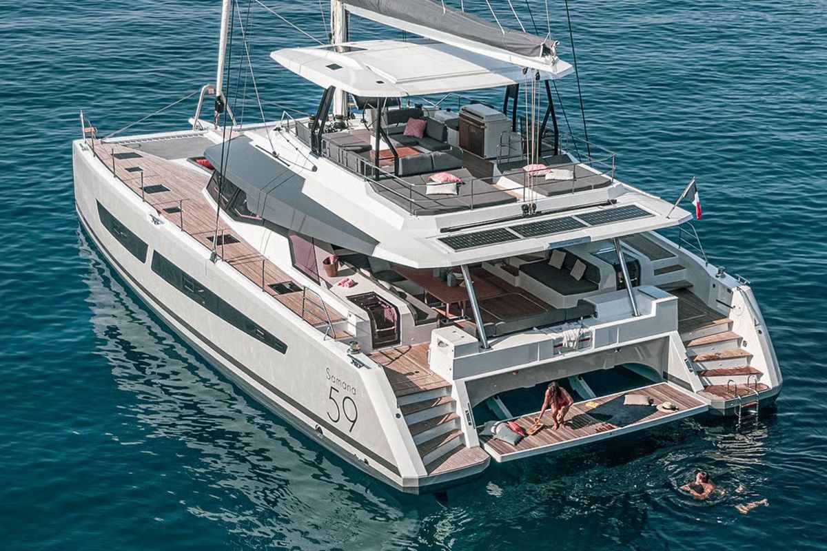 Exterior view of Premium, a Fountaine Pajot Samana 59 catamaran at Palermo, Italy