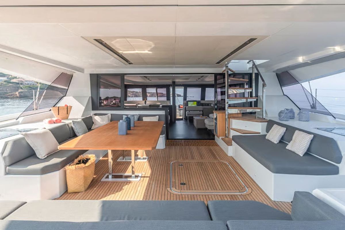 Deck of Premium, a Fountaine Pajot Samana 59 catamaran at Palermo, Italy