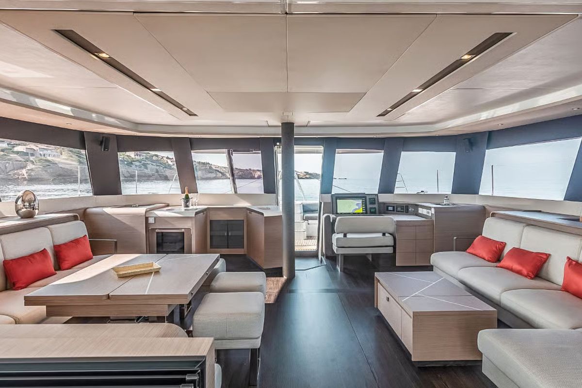 Salon of Premium, a Fountaine Pajot Samana 59 catamaran at Palermo, Italy