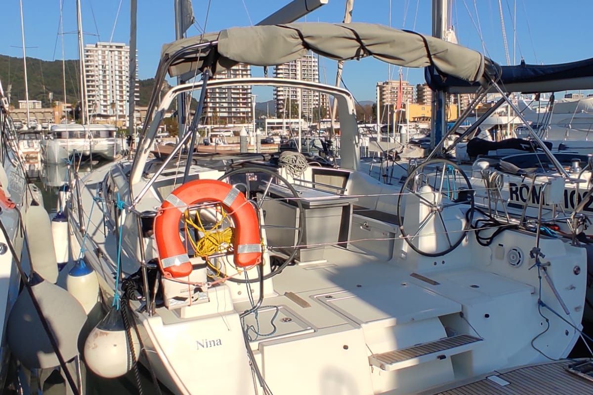 Cockpit of Nina, a Beneteau Oceanis 41.1 sailboat at Salerno, Italy