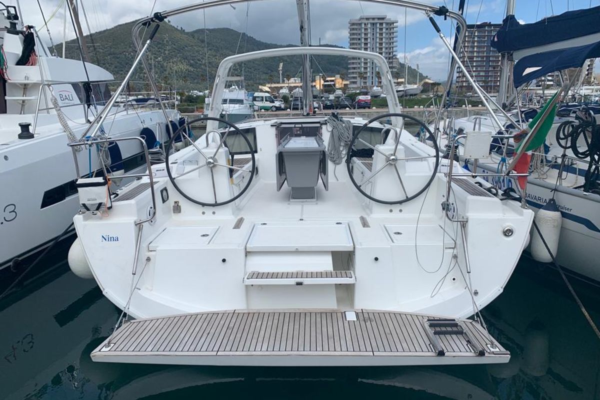 Cockpit of Nina, a Beneteau Oceanis 41.1 sailboat at Salerno, Italy