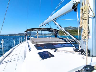 Deck of Asperula, a Dufour 530 sailboat at Olbia, Italy