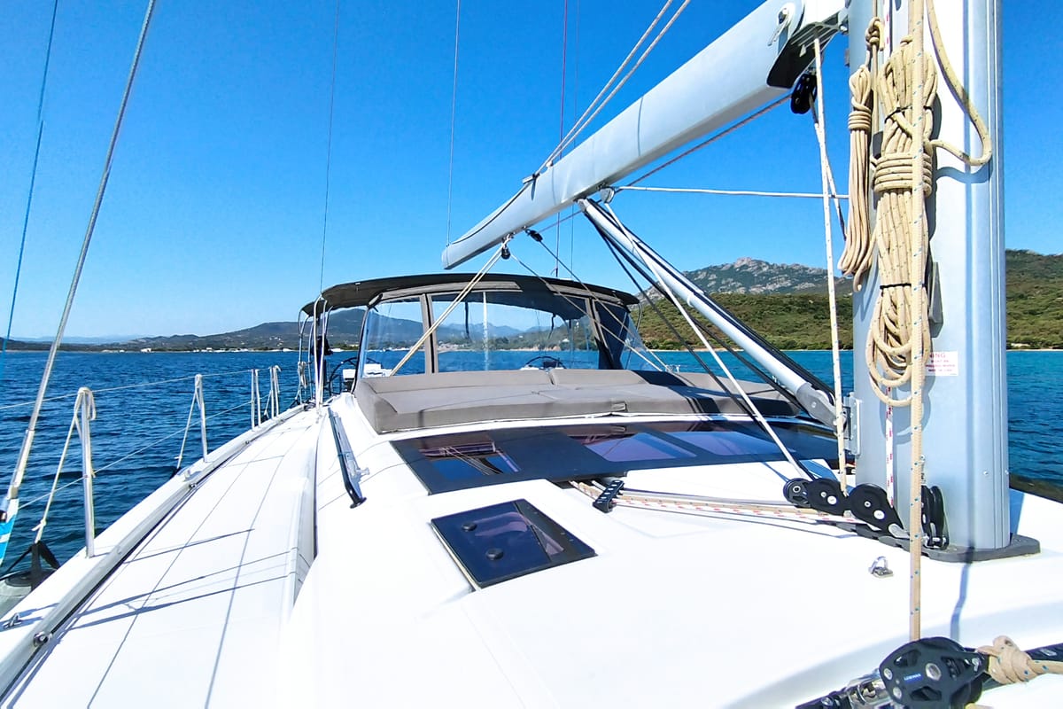 Deck of Asperula, a Dufour 530 sailboat at Olbia, Italy