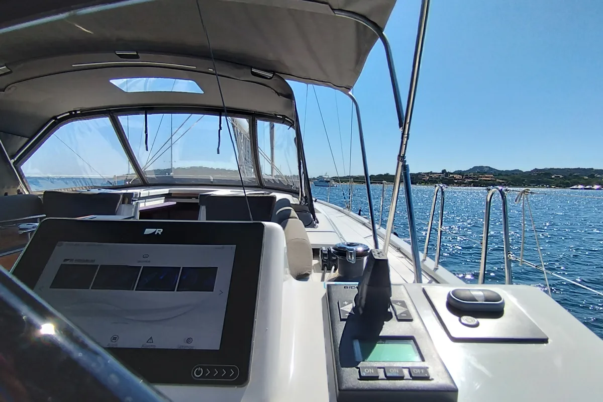 Cockpit of Asperula, a Dufour 530 sailboat at Olbia, Italy