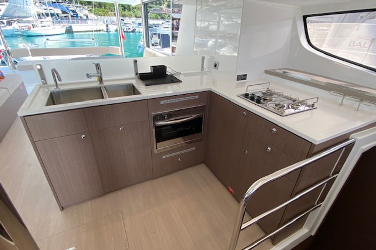 Galley of Mira, a Bali 4.6 catamaran at Olbia, Italy