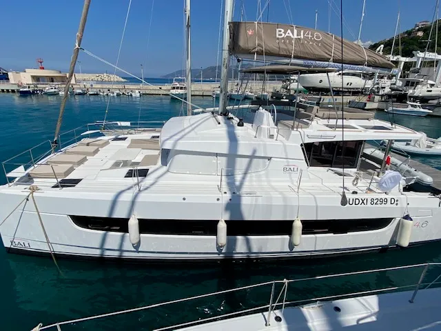 Exterior view of Mira, a Bali 4.6 catamaran at Olbia, Italy