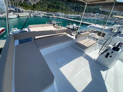 Deck of Mira, a Bali 4.6 catamaran at Olbia, Italy