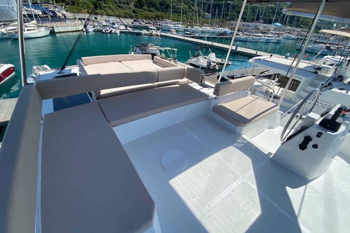 Deck of Mira, a Bali 4.6 catamaran at Olbia, Italy