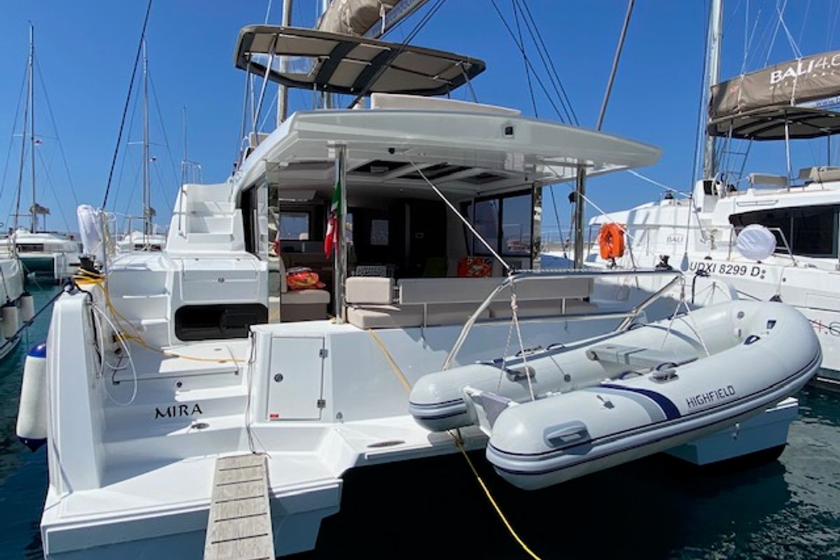 Exterior view of Mira, a Bali 4.6 catamaran at Olbia, Italy