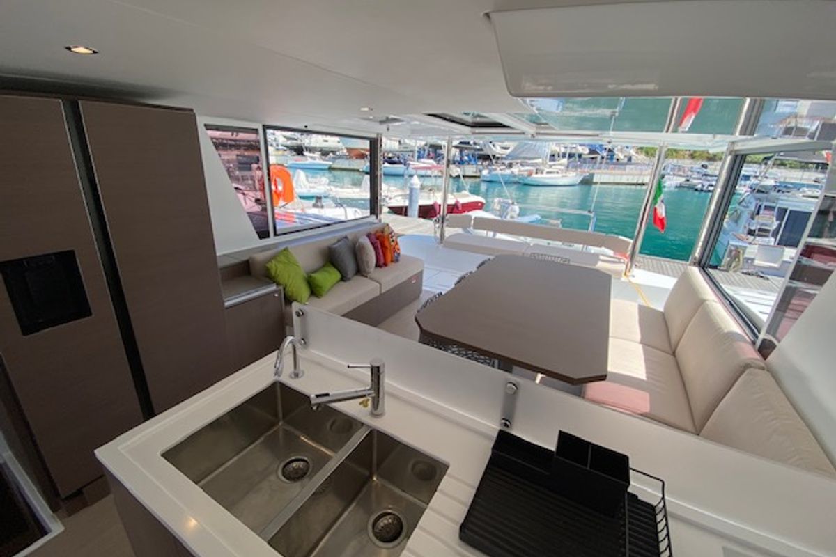 Galley of Mira, a Bali 4.6 catamaran at Olbia, Italy