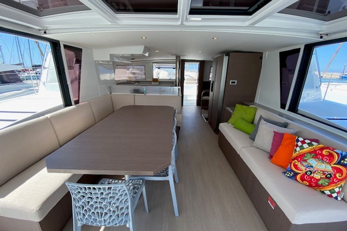 Salon of Mira, a Bali 4.6 catamaran at Olbia, Italy