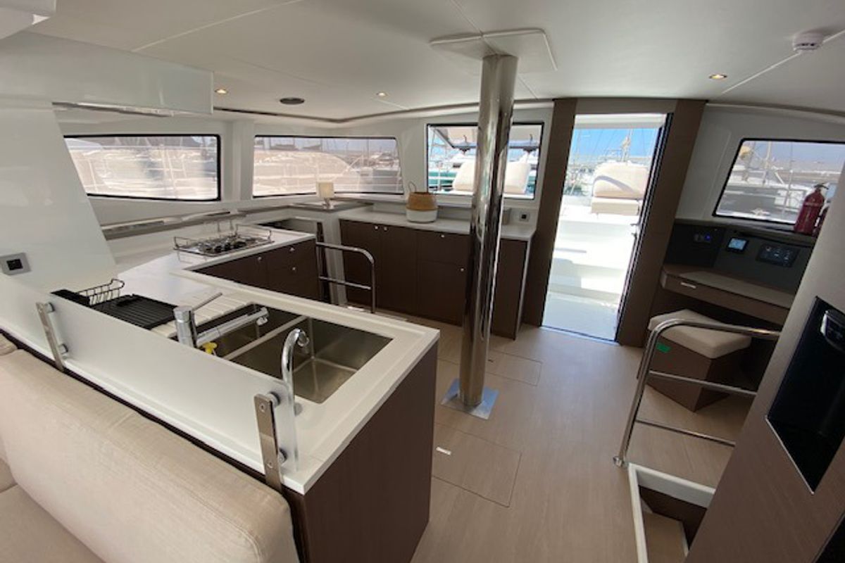 Salon of Mira, a Bali 4.6 catamaran at Olbia, Italy