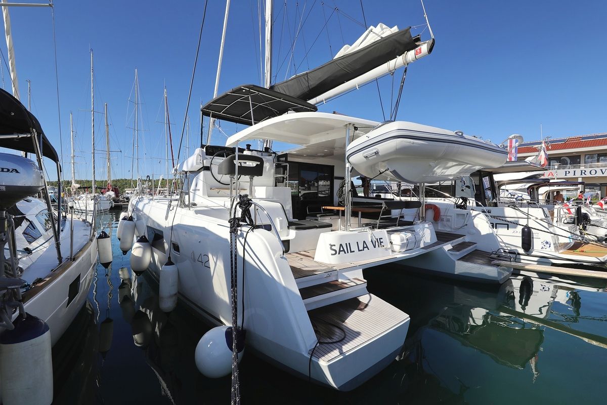 Exterior view of Sail la Vie, a Lagoon 42 catamaran at Pirovac, Croatia