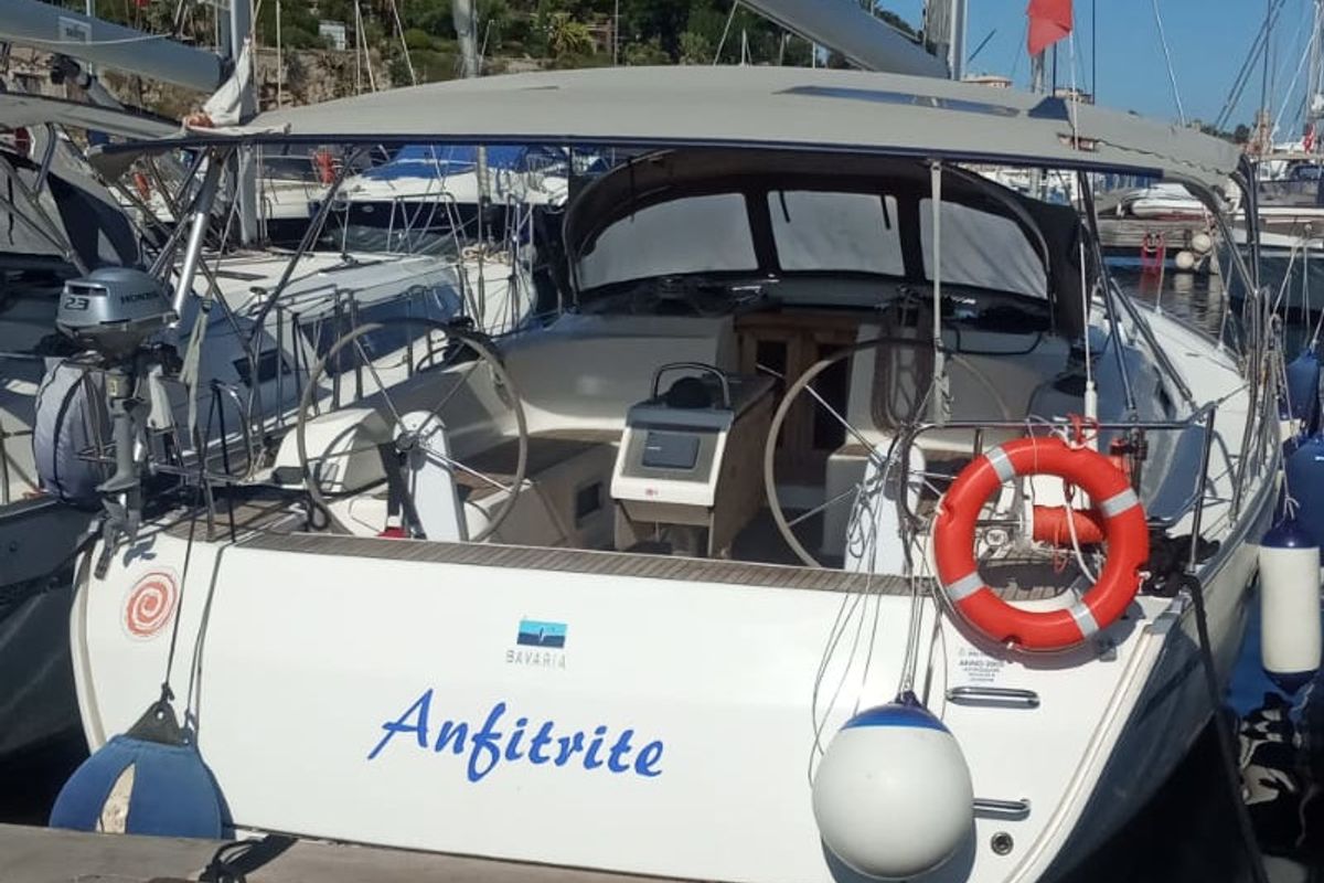 Cockpit of Anfitrite, a Bavaria Cruiser 46 sailboat at Marsala, Italy