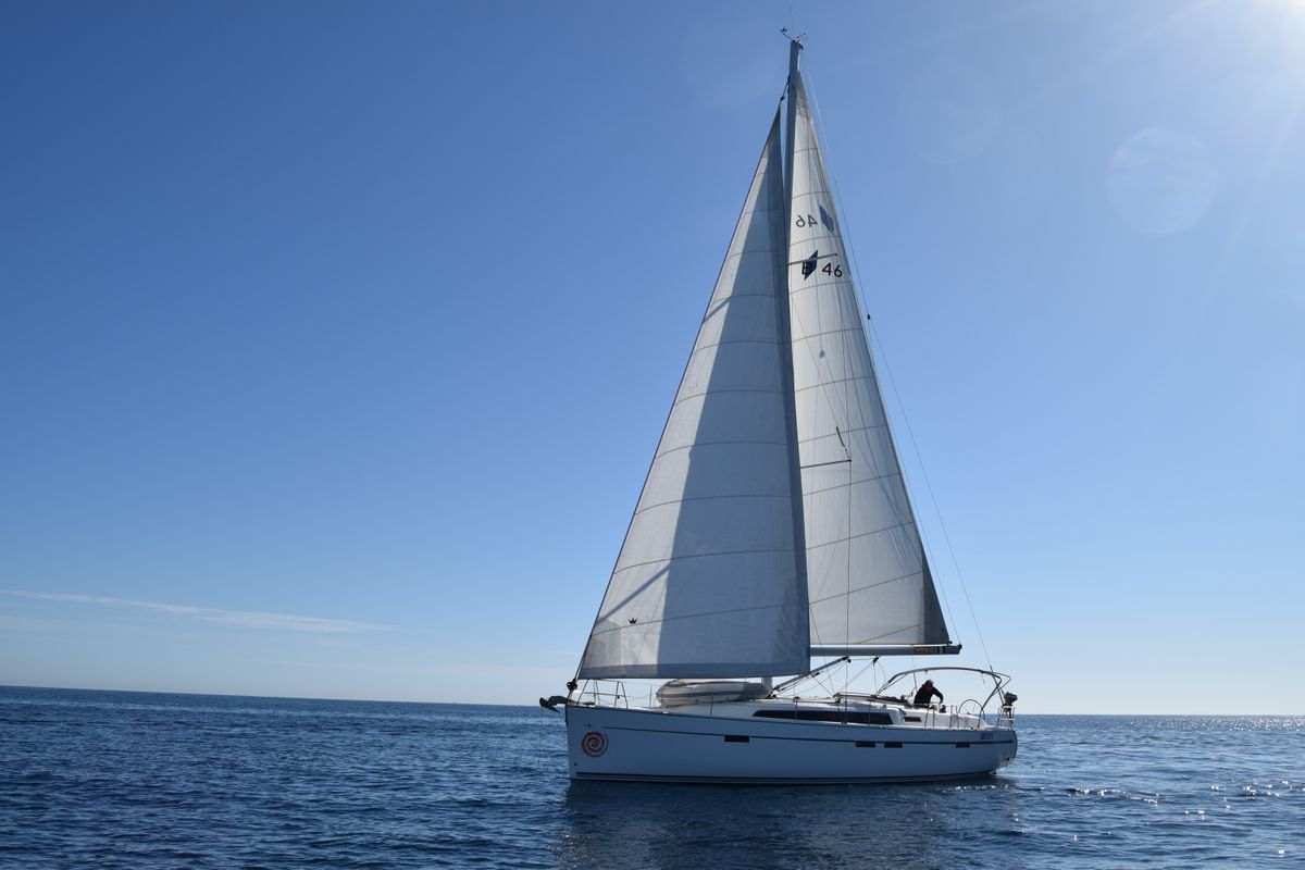 Exterior view of Anfitrite, a Bavaria Cruiser 46 sailboat at Marsala, Italy