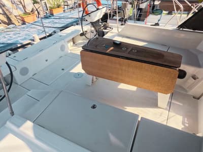 Deck of Diomede, a Dufour 44 sailboat at Procida, Italy