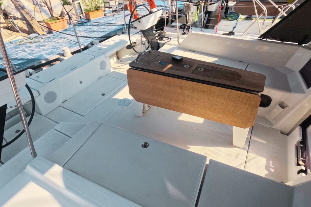Deck of Diomede, a Dufour 44 sailboat at Procida, Italy