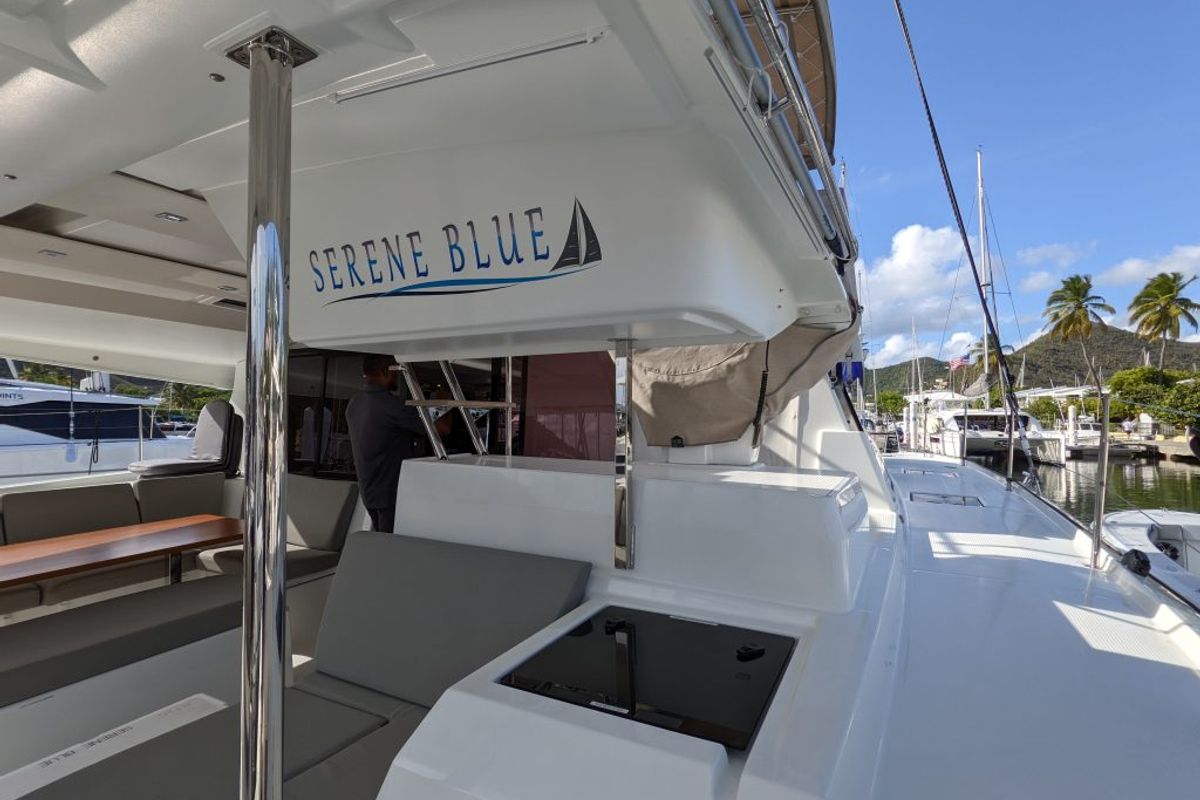 Deck of Serene Blue, a Fountaine Pajot Astrea 42 Maestro catamaran at Chesapeake, United States