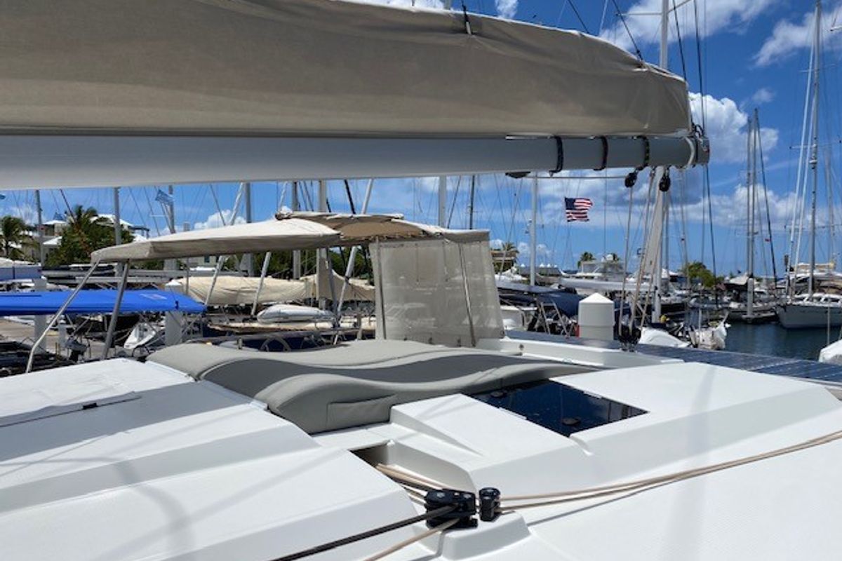Deck of Serene Blue, a Fountaine Pajot Astrea 42 Maestro catamaran at Chesapeake, United States