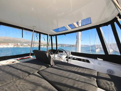 Cockpit of Mariposa, a Lagoon 46 catamaran at Grad Kaštela, Croatia
