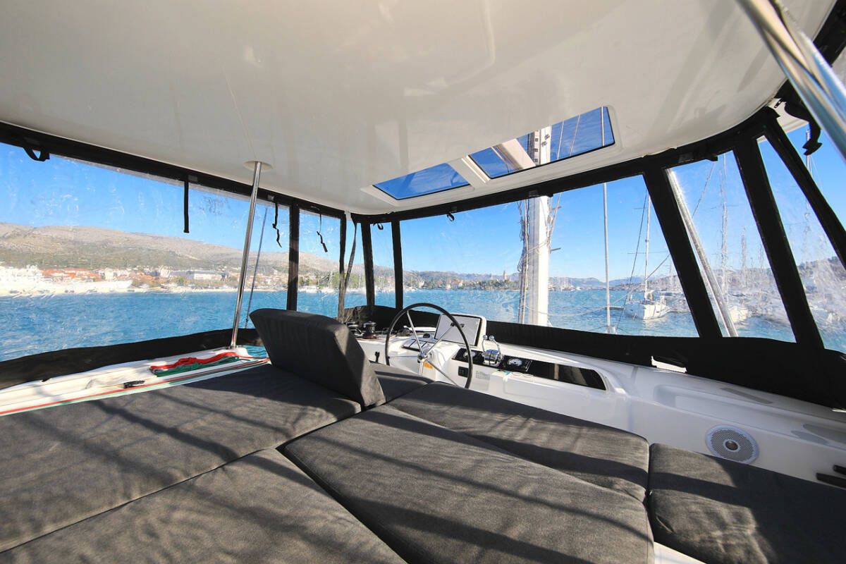 Cockpit of Mariposa, a Lagoon 46 catamaran at Grad Kaštela, Croatia