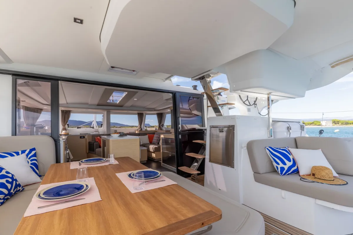 Deck of Skywalker, a Fountaine Pajot FP 44 Quatuor catamaran at Seget Donji, Croatia