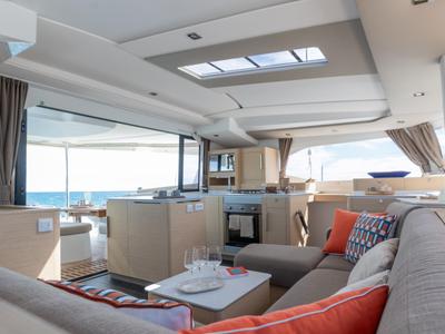 Salon of Skywalker, a Fountaine Pajot FP 44 Quatuor catamaran at Seget Donji, Croatia