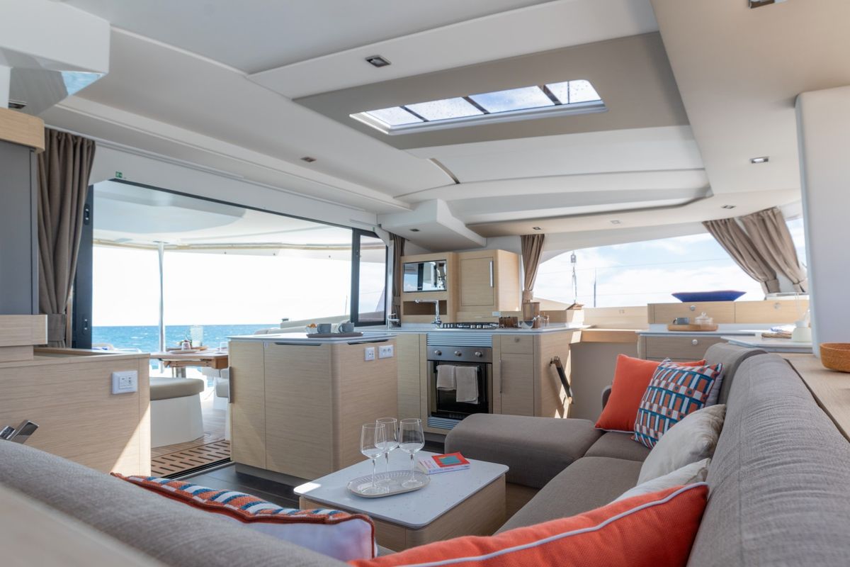 Salon of Skywalker, a Fountaine Pajot FP 44 Quatuor catamaran at Seget Donji, Croatia