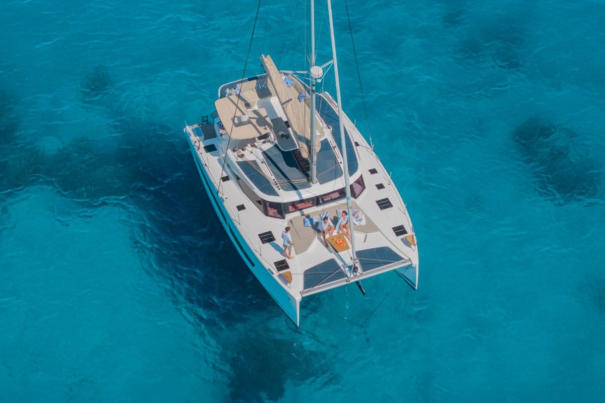 Exterior view of Skywalker, a Fountaine Pajot FP 44 Quatuor catamaran at Seget Donji, Croatia