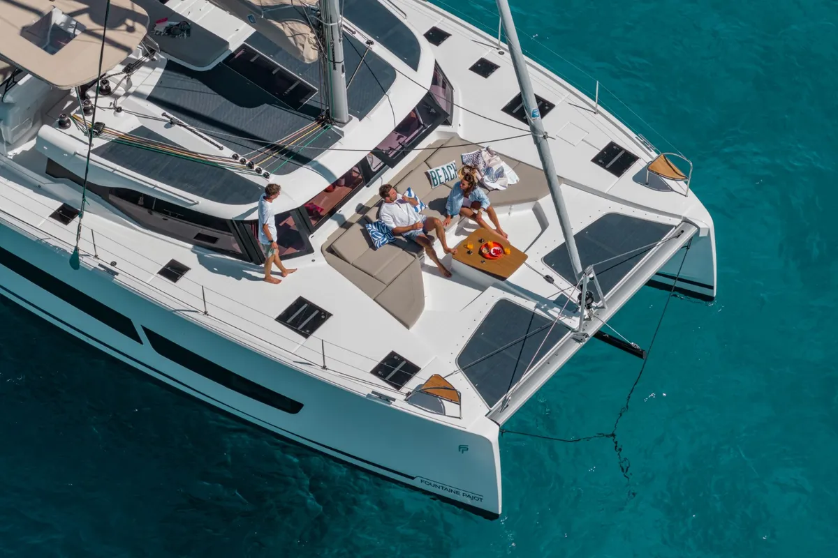 Exterior view of Skywalker, a Fountaine Pajot FP 44 Quatuor catamaran at Seget Donji, Croatia