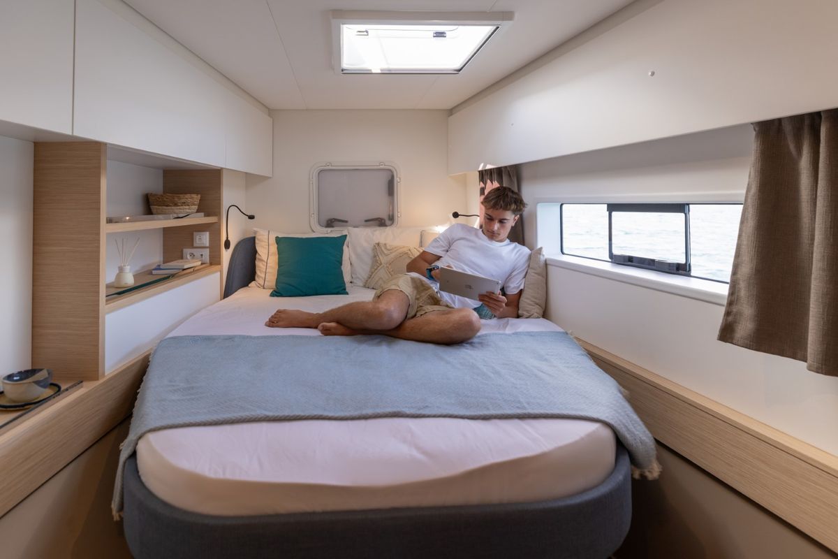 Cabin on Skywalker, a Fountaine Pajot FP 44 Quatuor catamaran at Seget Donji, Croatia